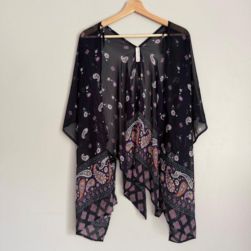 Love Tree Paisley Floral Sheer Kimono Wrap Navy Blue Boho Cover Up S/M L28029JY1